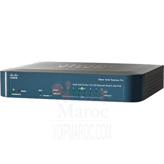 Switch 8 ports 10/100 Mbps Administrable niveau 2 + 1 port 10/100/1000 Mbps PoE ESW-520-8P-K9